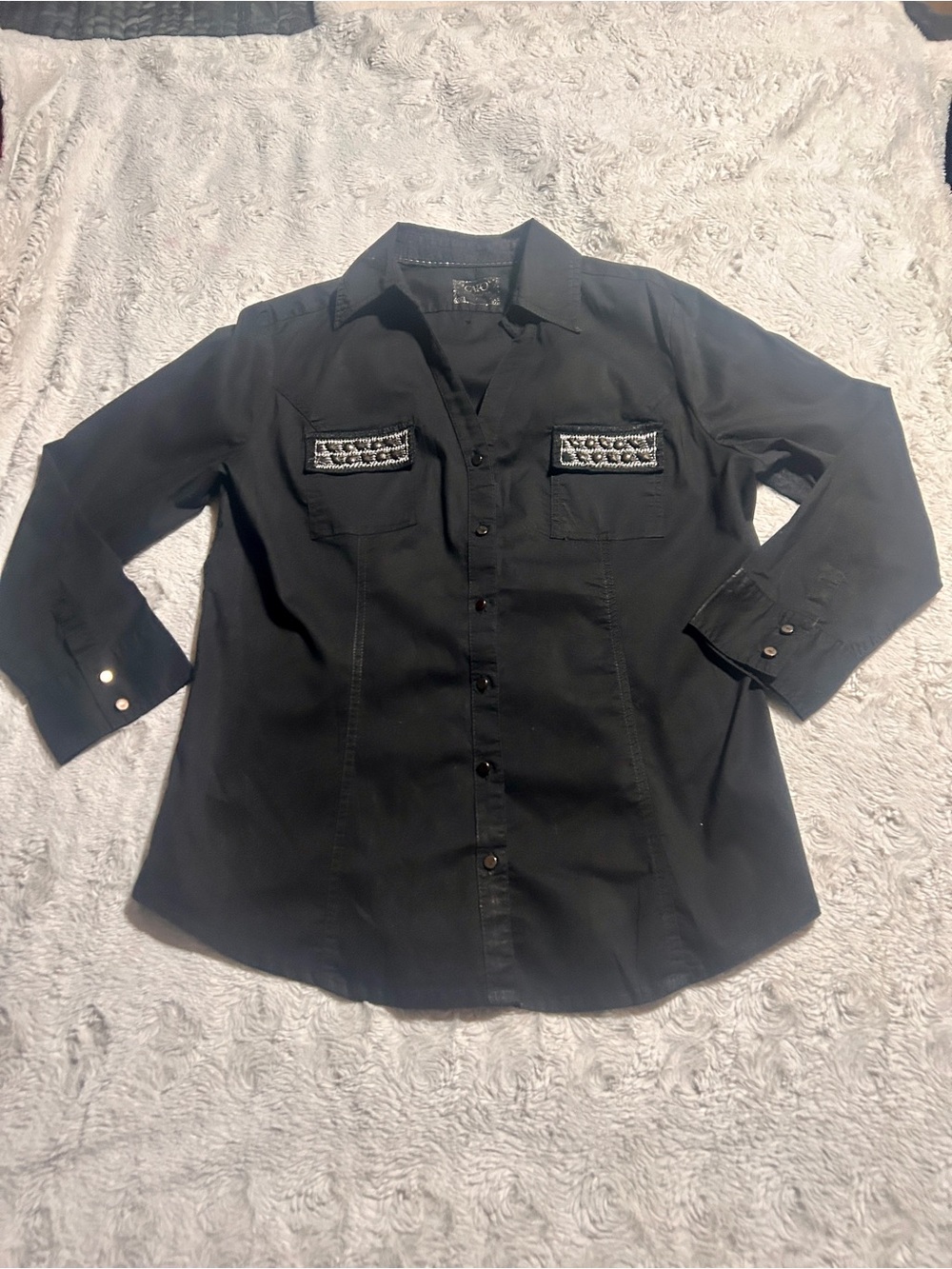Cato Black Button-Down Shirt with Beaded Pocket Trim